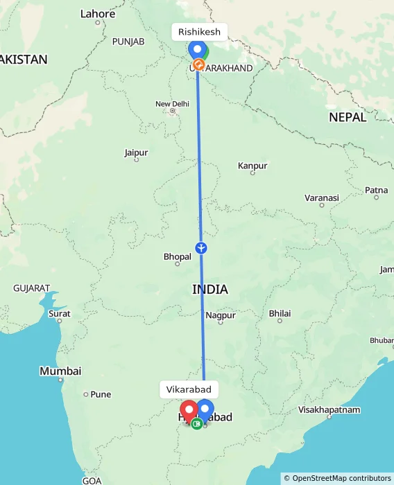 Route map showing distance and travel time from Rishikesh, India to Vikarabad, India