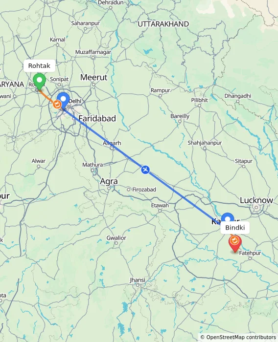 Route map showing distance and travel time from Rohtak, India to Bindki, India