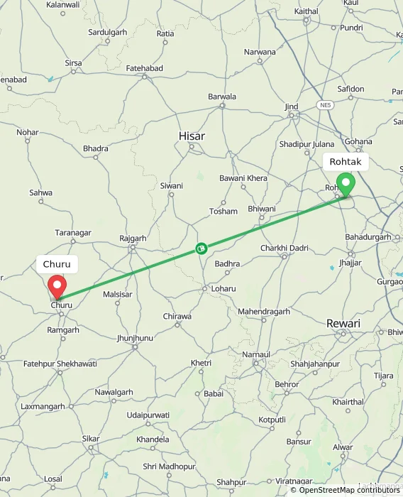 Route map showing distance and travel time from Rohtak, India to Churu, India