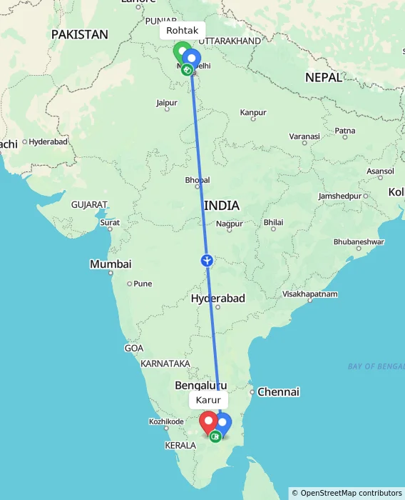 Route map showing distance and travel time from Rohtak, India to Karur, India