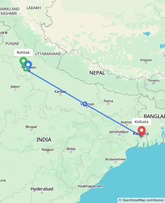 Route map showing distance and travel time from Rohtak, India to Kolkata, India