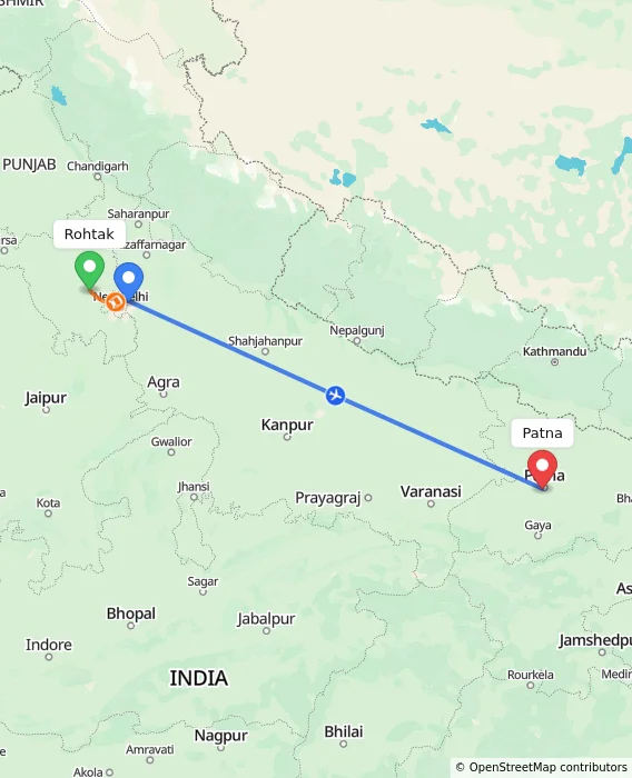 Route map showing distance and travel time from Rohtak, India to Patna, India