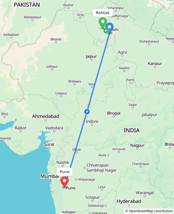 Route map showing distance and travel time from Rohtak, India to Pune, India