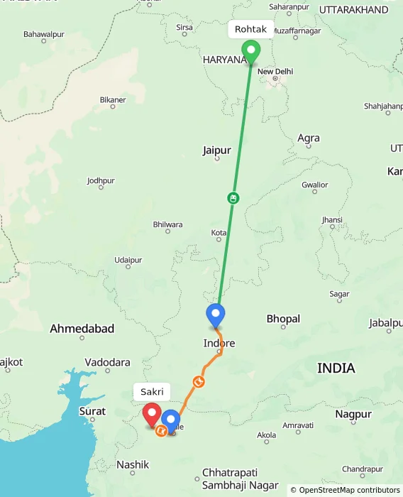 Route map showing distance and travel time from Rohtak, India to Sakri, India