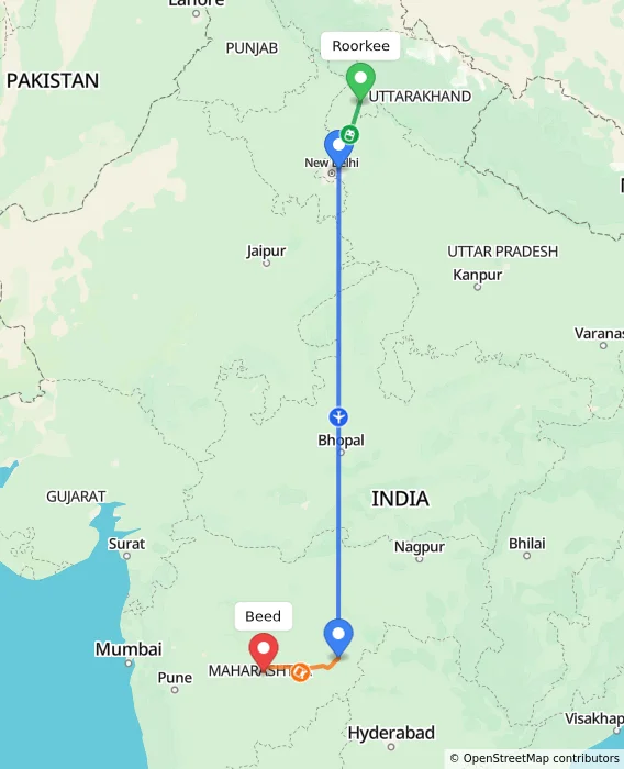 Route map showing distance and travel time from Roorkee, India to Beed, India