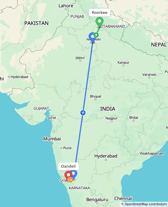 Route map showing distance and travel time from Roorkee, India to Dandeli, India