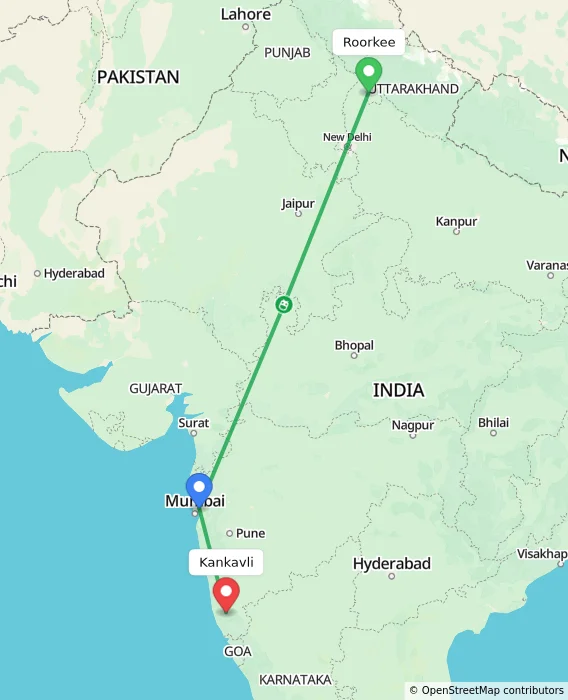 Route map showing distance and travel time from Roorkee, India to Kankavli, India