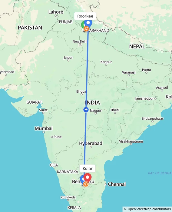Route map showing distance and travel time from Roorkee, India to Kolar, India
