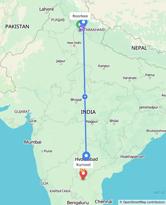 Route map showing distance and travel time from Roorkee, India to Kurnool, India