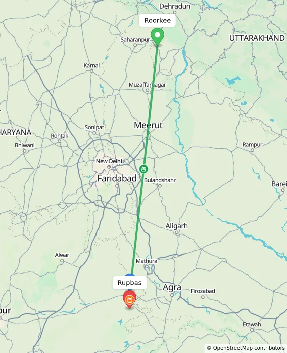 Route map showing distance and travel time from Roorkee, India to Rupbas, India