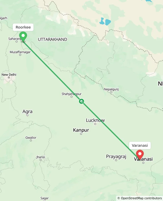 Route map showing distance and travel time from Roorkee, India to Varanasi, India