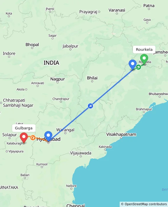Route map showing distance and travel time from Rourkela, India to Gulbarga, India