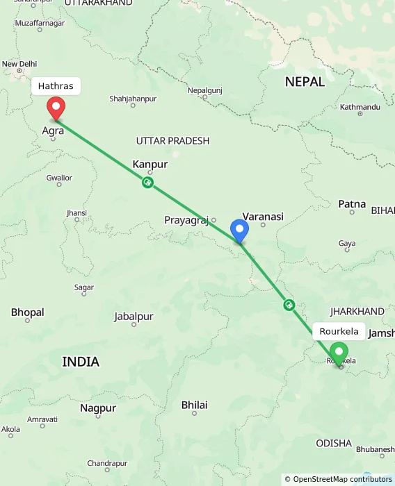 Route map showing distance and travel time from Rourkela, India to Hathras, India