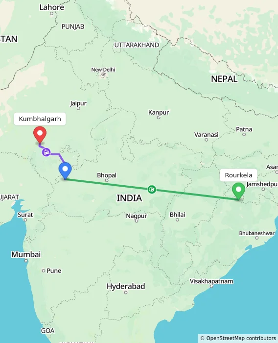 Route map showing distance and travel time from Rourkela, India to Kumbhalgarh, India