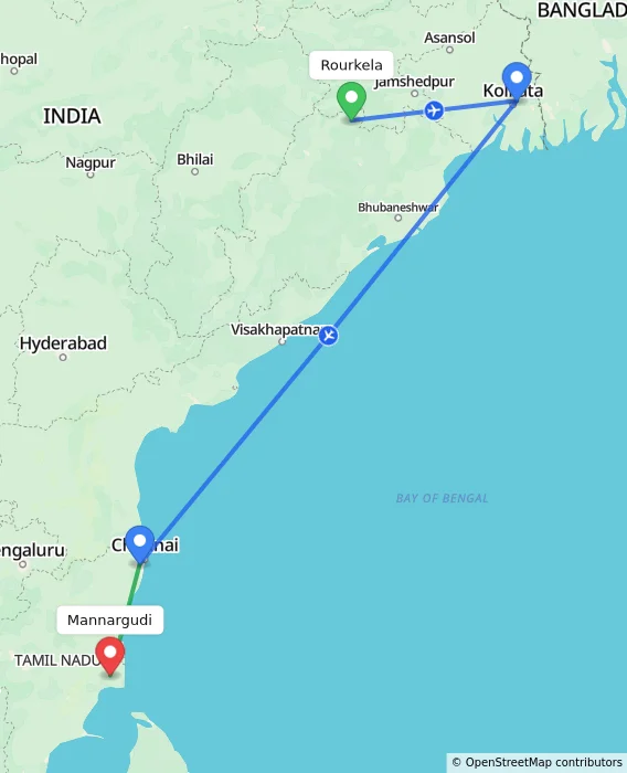 Route map showing distance and travel time from Rourkela, India to Mannargudi, India