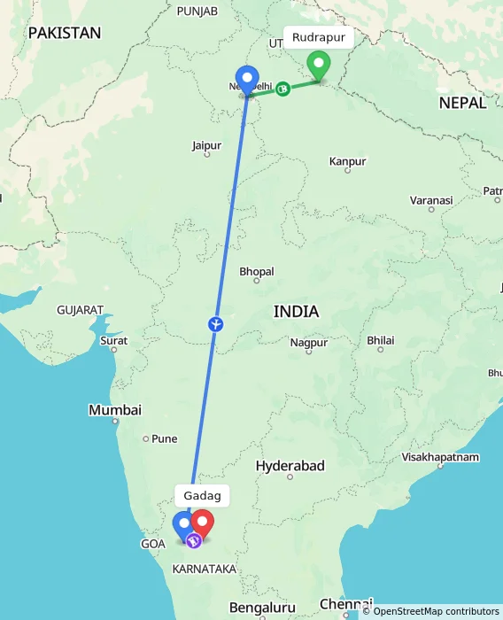 Route map showing distance and travel time from Rudrapur, India to Gadag, India