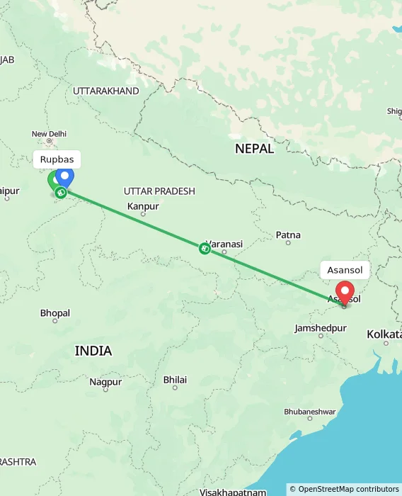 Route map showing distance and travel time from Rupbas, India to Asansol, India
