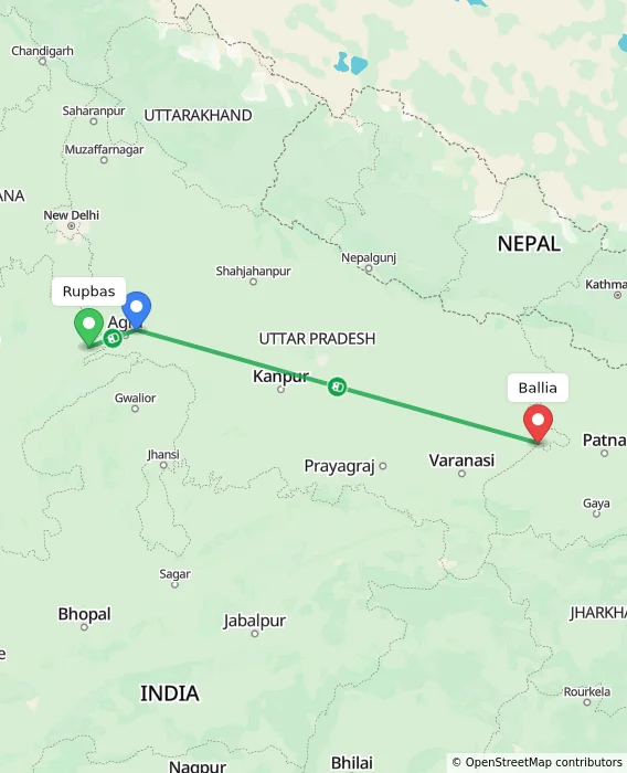Route map showing distance and travel time from Rupbas, India to Ballia, India