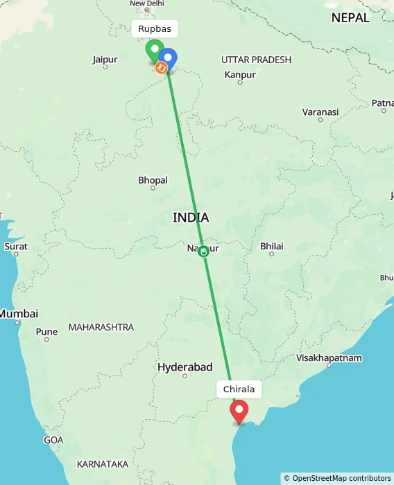 Route map showing distance and travel time from Rupbas, India to Chirala, India