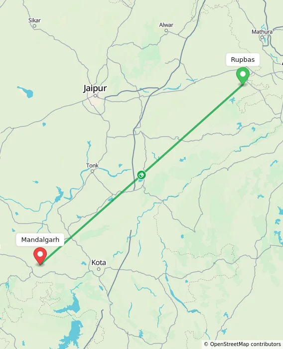 Route map showing distance and travel time from Rupbas, India to Mandalgarh, India