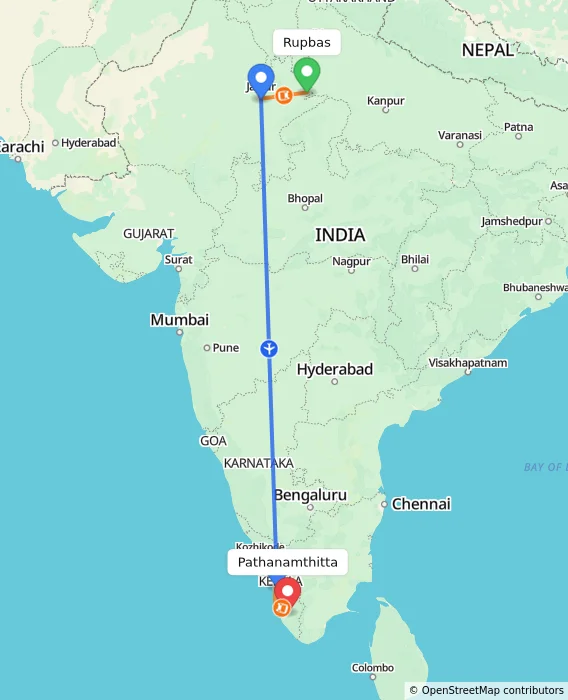 Route map showing distance and travel time from Rupbas, India to Pathanamthitta, India