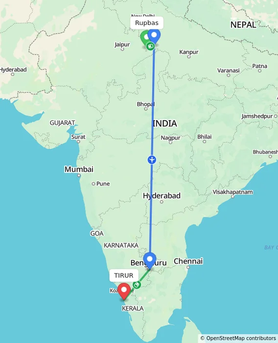 Route map showing distance and travel time from Rupbas, India to TIRUR, India