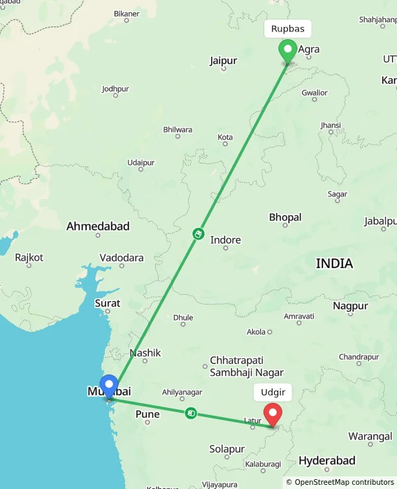 Route map showing distance and travel time from Rupbas, India to Udgir, India