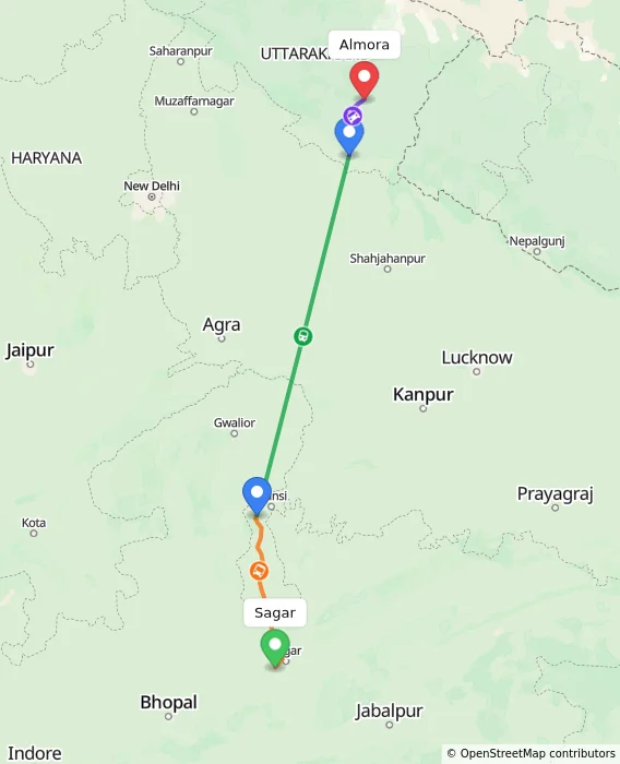 Route map showing distance and travel time from Sagar, India to Almora, India