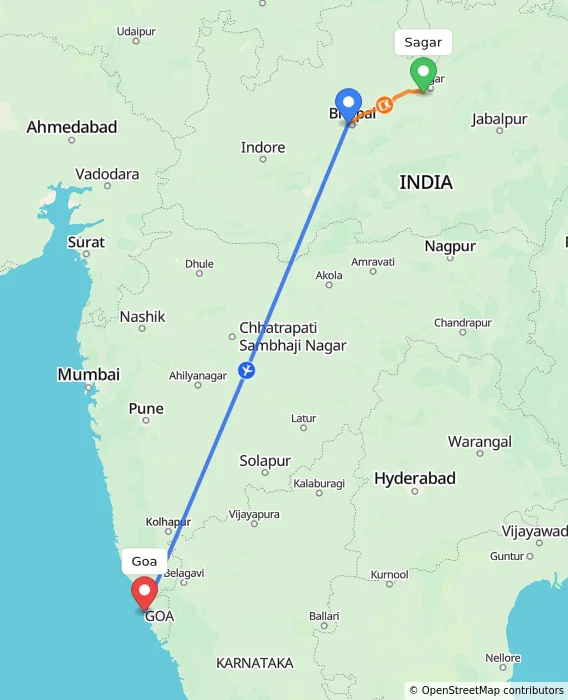 Route map showing distance and travel time from Sagar, India to Goa, India