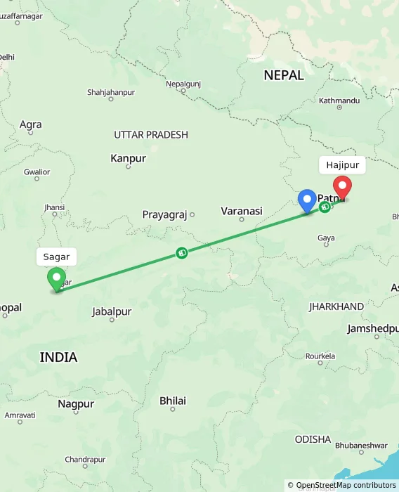 Route map showing distance and travel time from Sagar, India to Hajipur, India