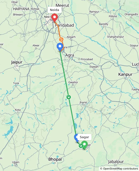 Route map showing distance and travel time from Sagar, India to Noida, India