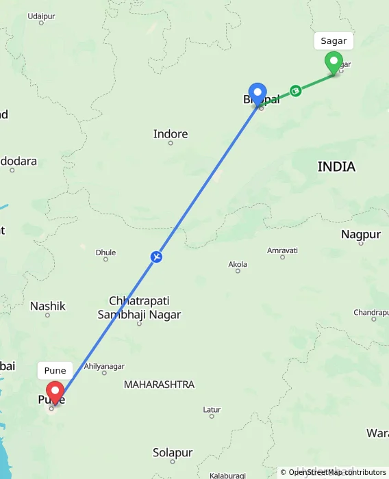 Route map showing distance and travel time from Sagar, India to Pune, India