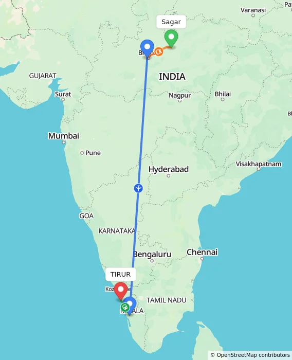 Route map showing distance and travel time from Sagar, India to TIRUR, India