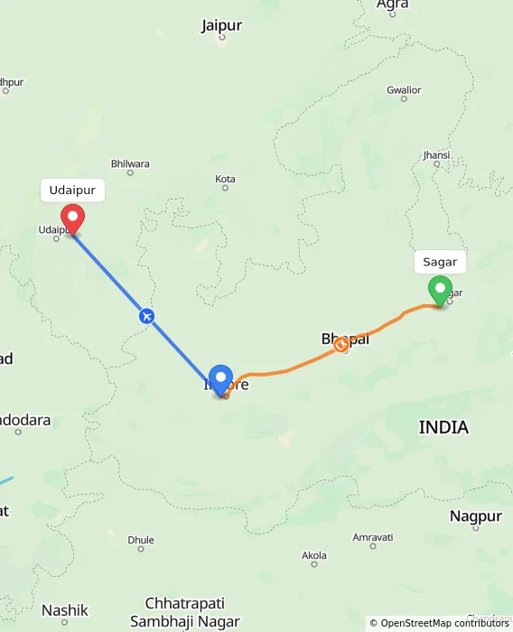 Route map showing distance and travel time from Sagar, India to Udaipur, India