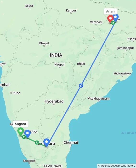 Route map showing distance and travel time from Sagara, India to Arrah, India