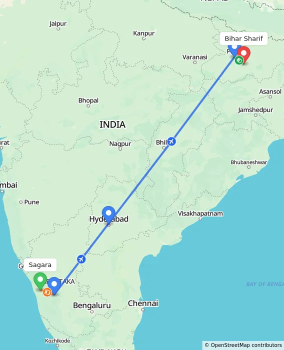 Route map showing distance and travel time from Sagara, India to Bihar Sharif, India