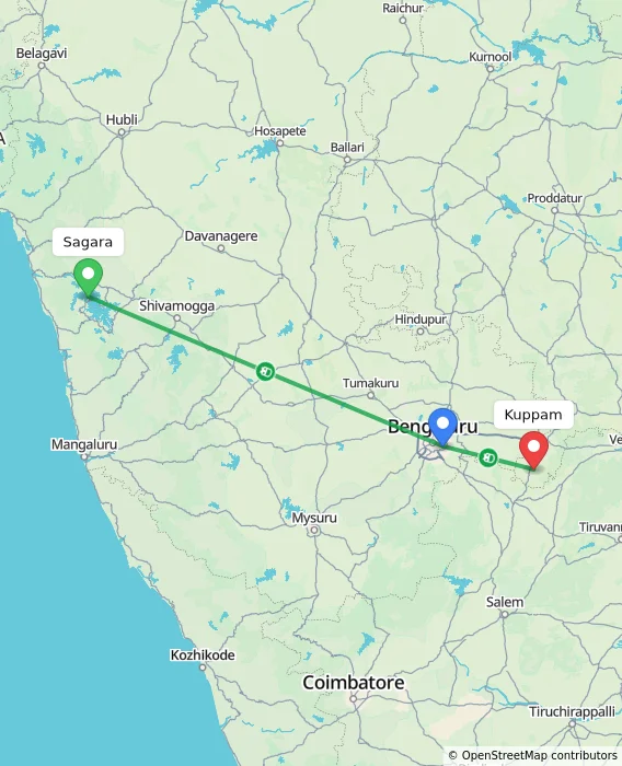 Route map showing distance and travel time from Sagara, India to Kuppam, India