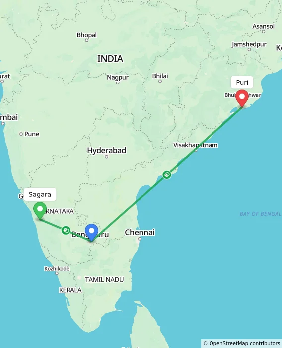 Route map showing distance and travel time from Sagara, India to Puri, India