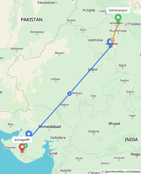 Route map showing distance and travel time from Saharanpur, India to Junagadh, India