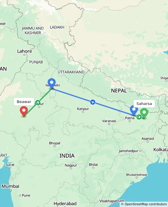 Route map showing distance and travel time from Saharsa, India to Beawar, India