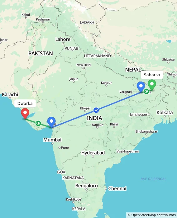 Route map showing distance and travel time from Saharsa, India to Dwarka, India