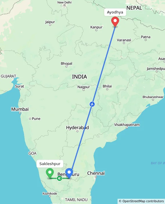 Route map showing distance and travel time from Sakleshpur, India to Ayodhya, India