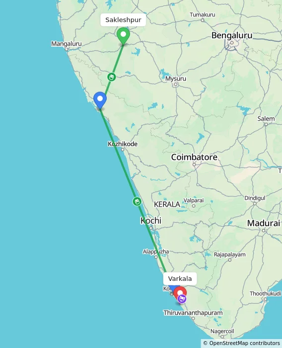 Route map showing distance and travel time from Sakleshpur, India to Varkala, India