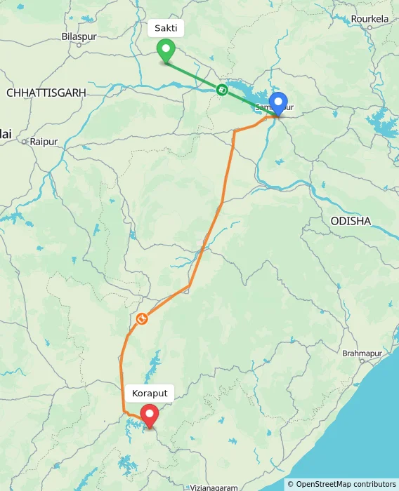 Route map showing distance and travel time from Sakti, India to Koraput, India