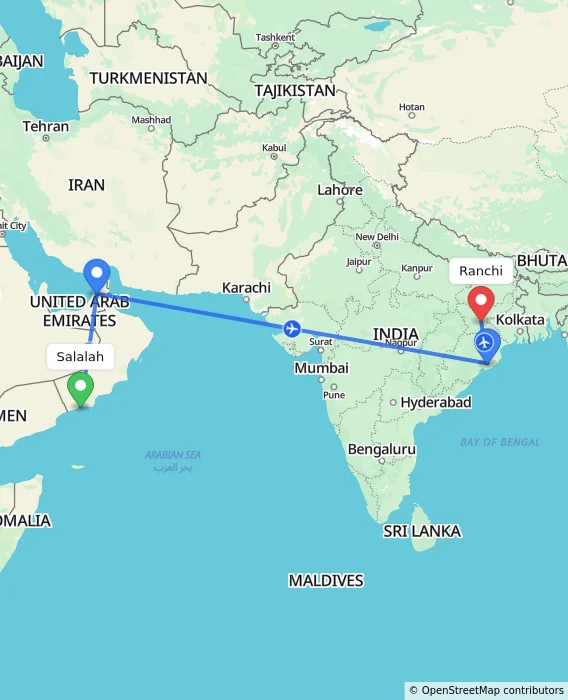 Route map showing distance and travel time from Salalah, Oman to Ranchi, India