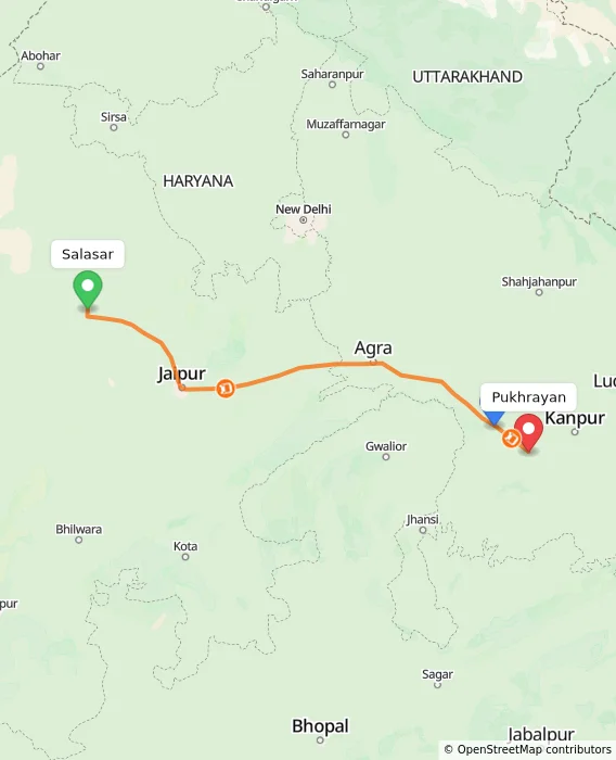 Route map showing distance and travel time from Salasar, India to Pukhrayan, India