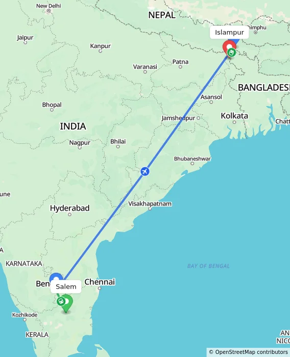 Route map showing distance and travel time from Salem, India to Islampur, India
