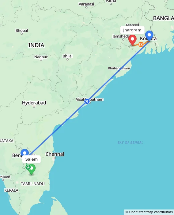 Route map showing distance and travel time from Salem, India to Jhargram, India