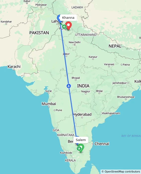 Route map showing distance and travel time from Salem, India to Khanna, India