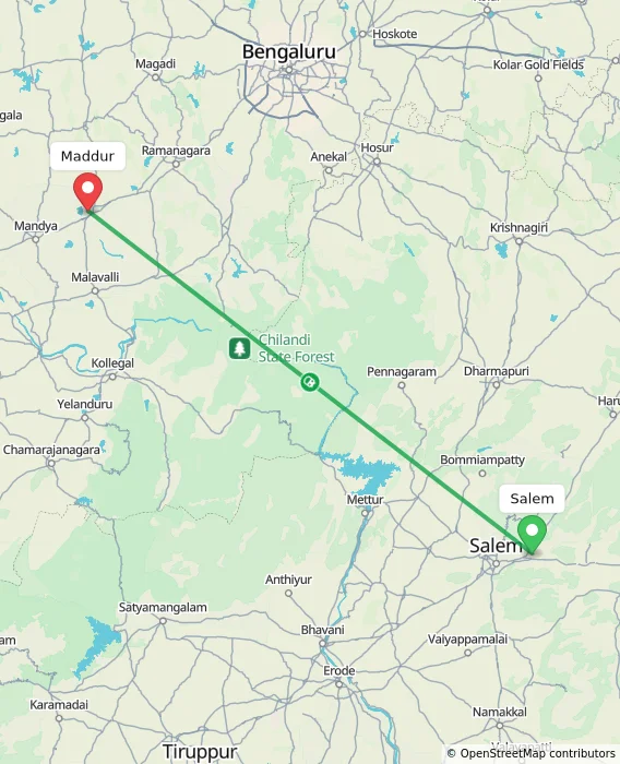 Route map showing distance and travel time from Salem, India to Maddur, India